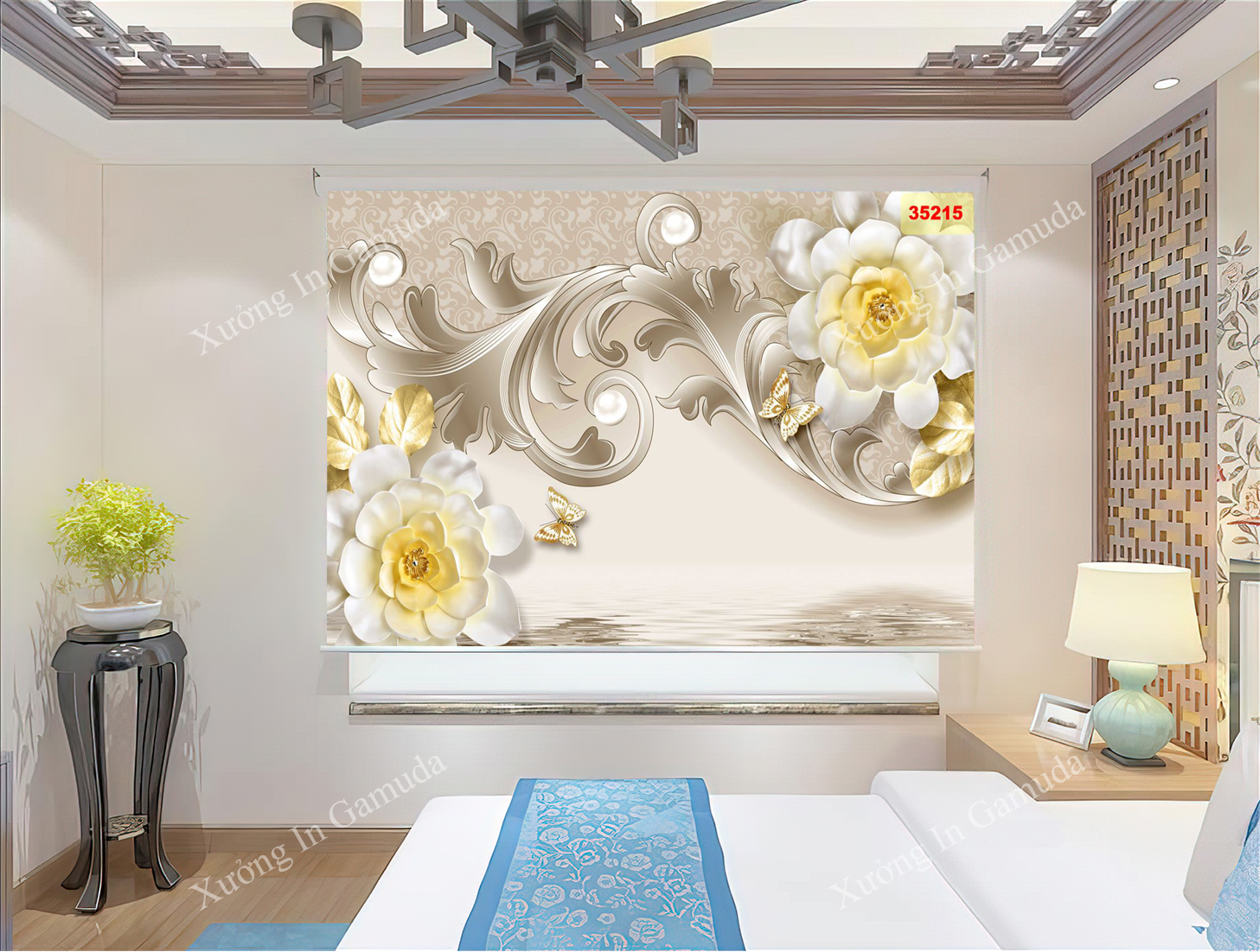 Rèm Cuốn Tranh 3D In Hình Hoa 3D Không Gian Chiều Sâu Cho Phòng Ngủ