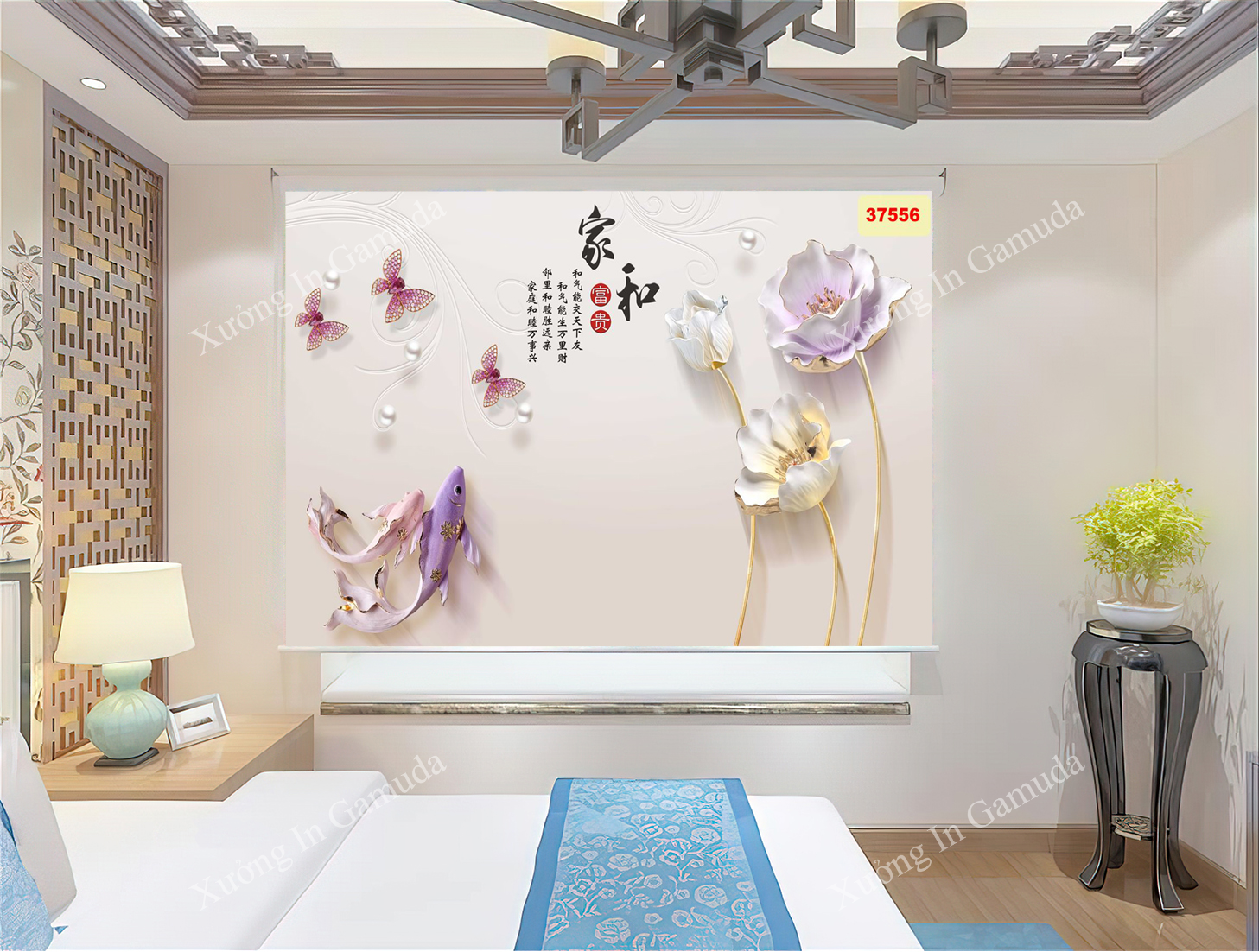 Rèm Cuốn Tranh 3D In Hình Hoa 3D Không Gian Chiều Sâu Cho Phòng Ngủ