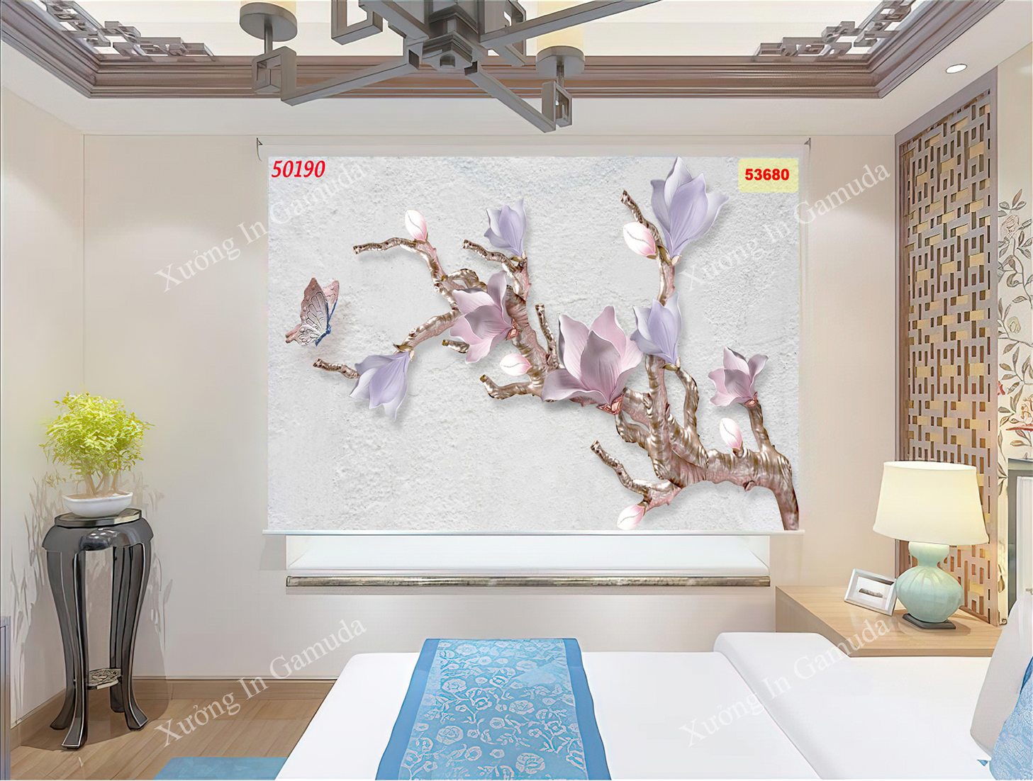 Rèm Cuốn Tranh 3D In Hình Hoa 3D Sang Trọng Trên Nền Ngọc