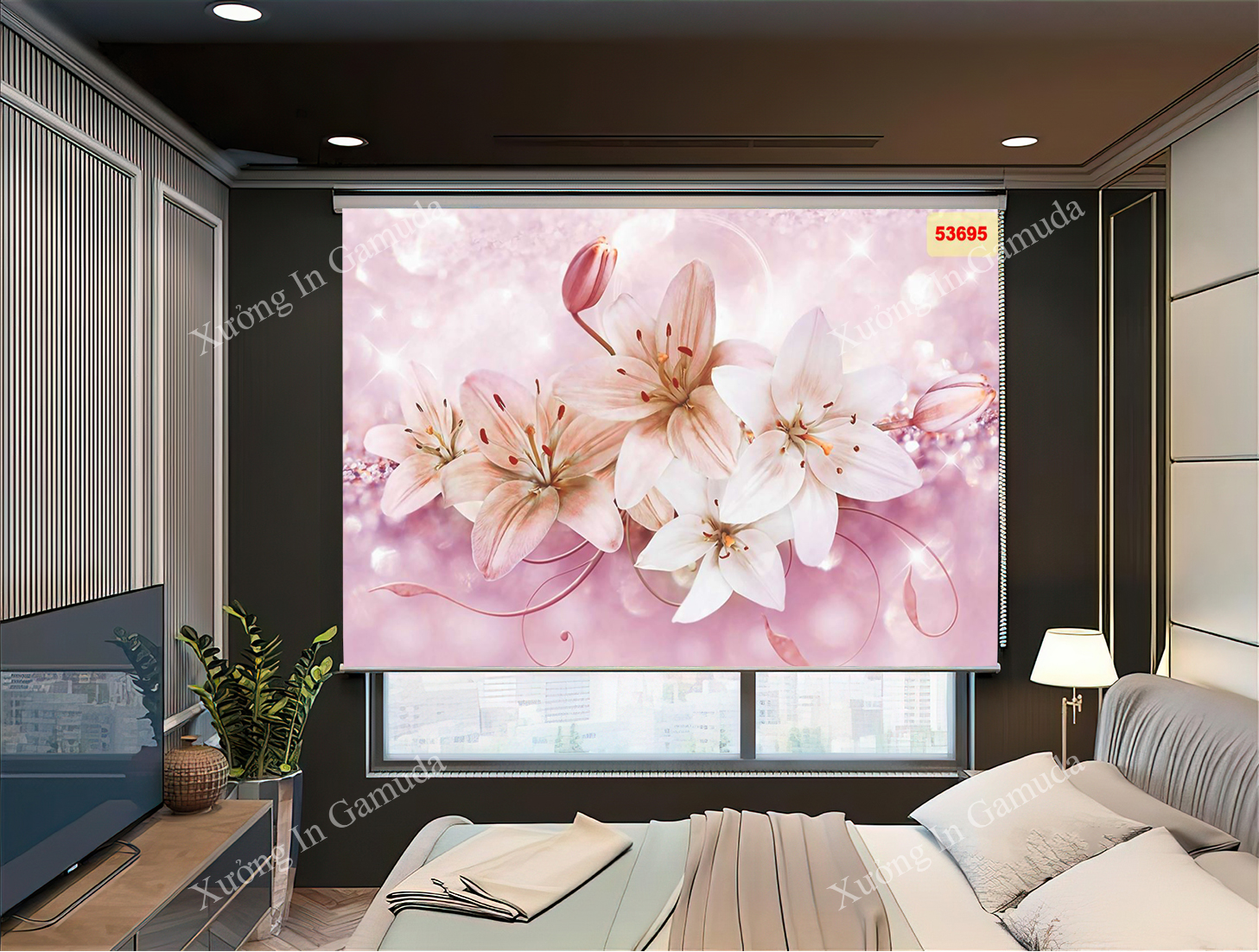 Rèm cuốn in hoa Ly thiết kế theo mọi yêu cầu