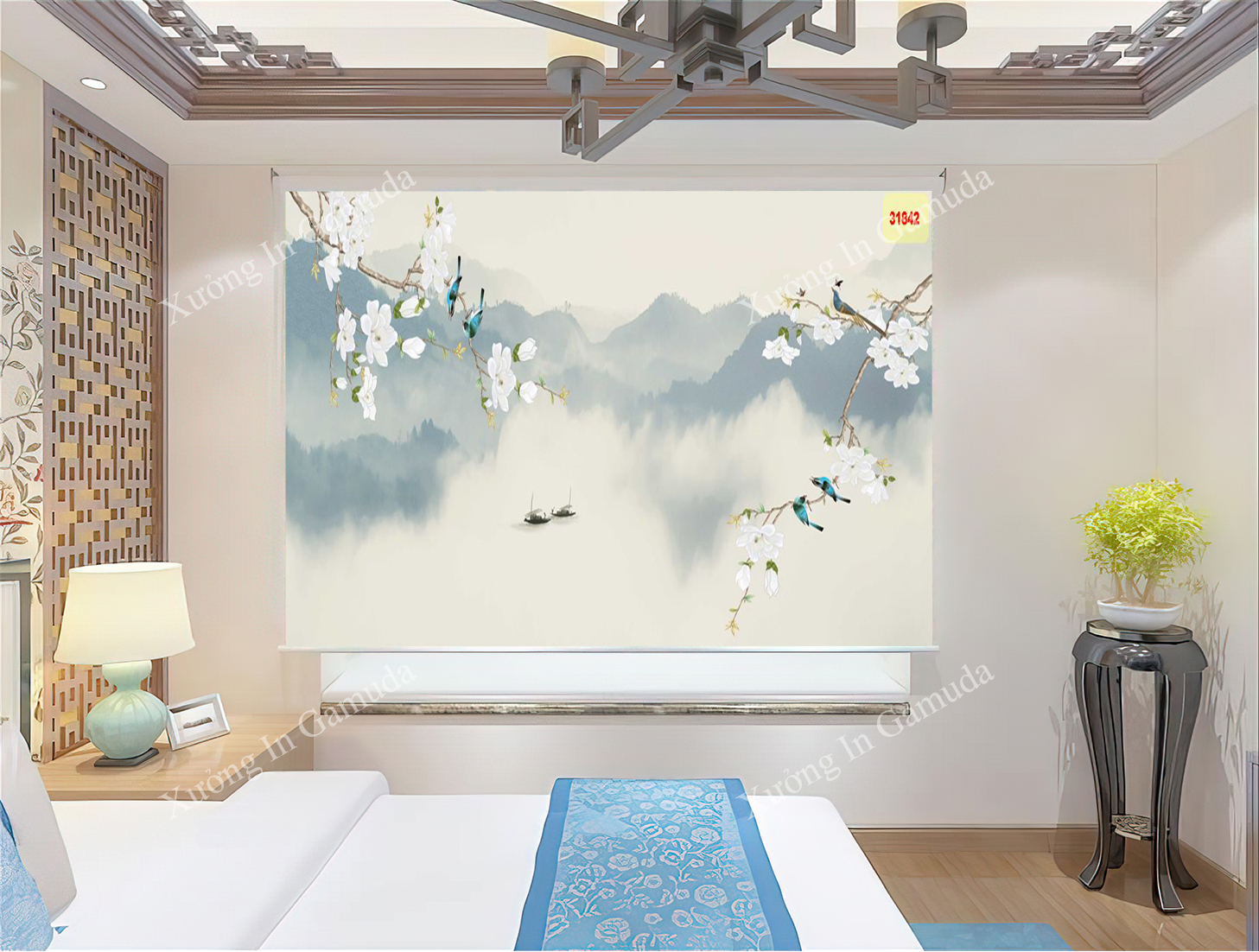 Rèm Cuốn In 3D Họa Tiết Indochine Khung Cảnh Núi Và Cây Cối Được Bao Phủ Bởi Làn Sương Trắng