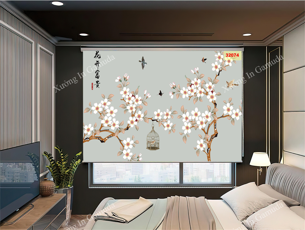 Rèm Tranh 3D In Họa Tiết Indochine Hoa 3D Trắng Trên Đỉnh Núi Mờ Sương