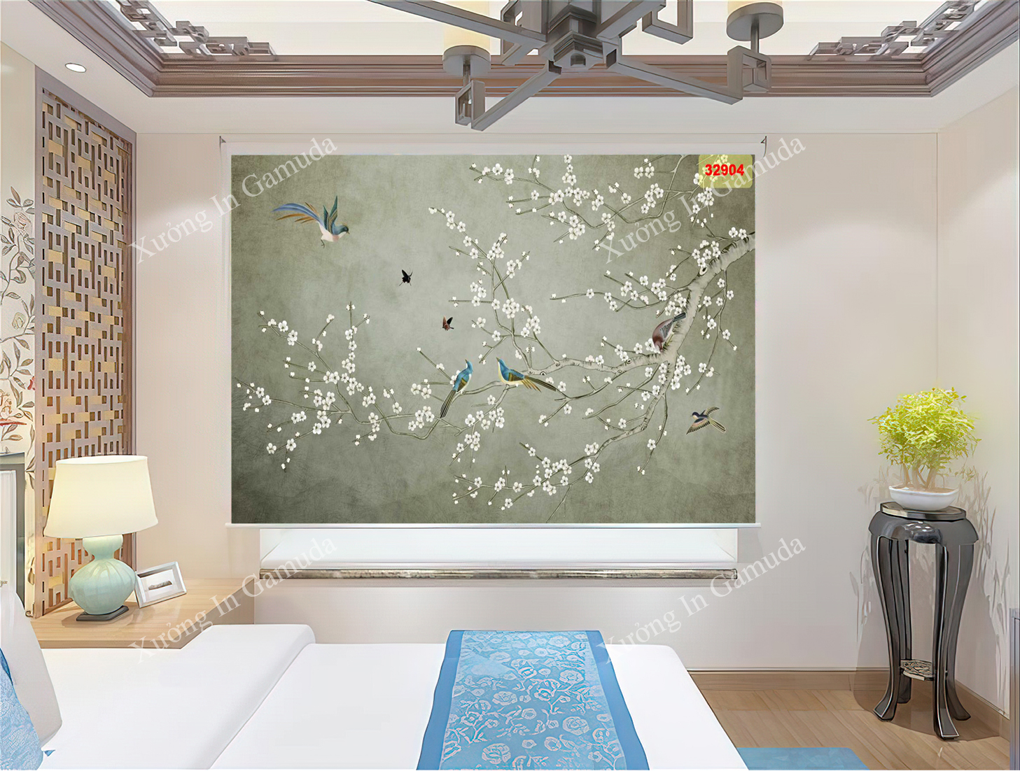 Rèm Tranh 3D In Họa Tiết Indochine Trên Nền Xanh Cùng Hoa Lan Trắng Và Đàn Chim