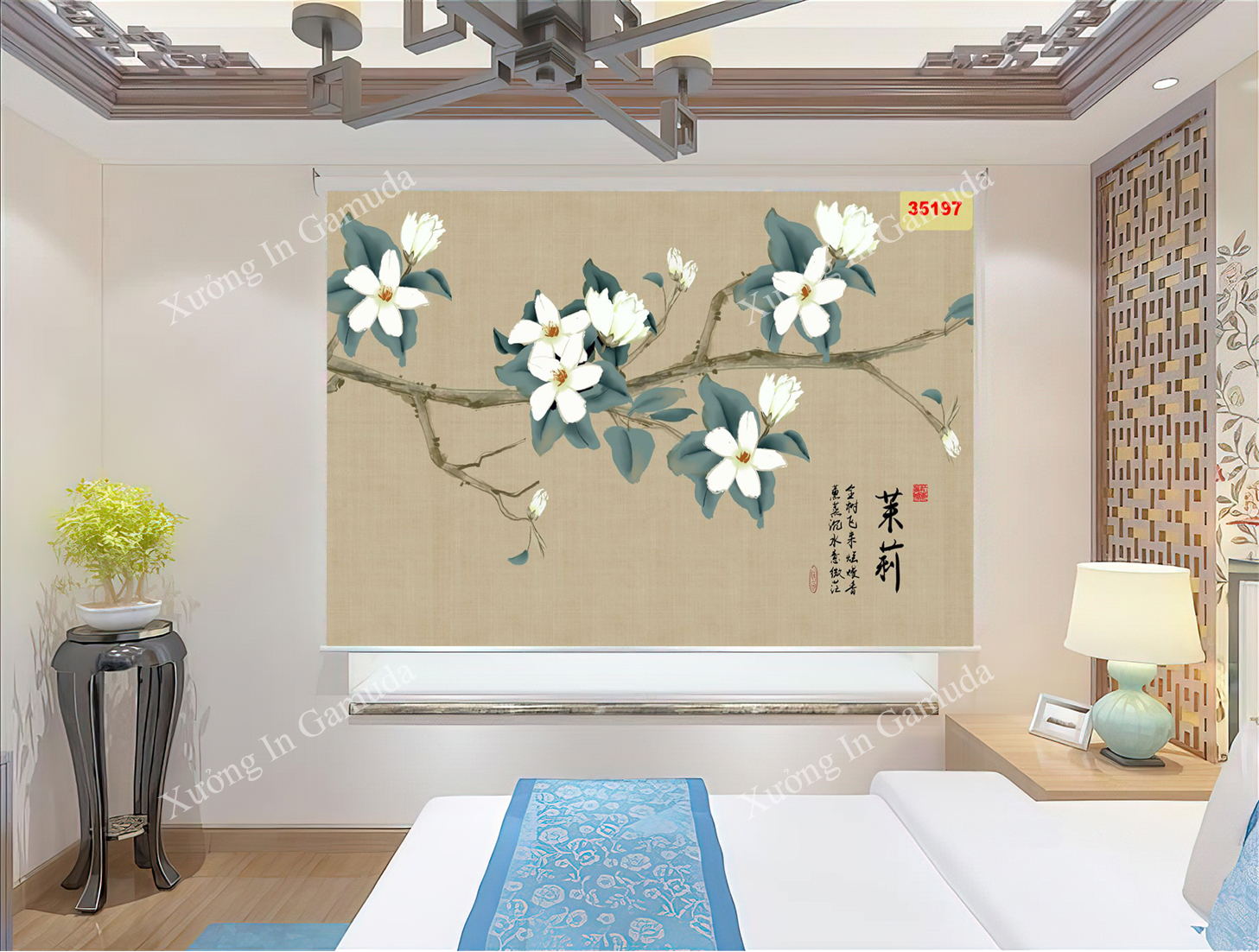 Rèm In Tranh 3D Họa Tiết Indochine Hoa Lan Trắng Tượng Trưng Cho Sự Tinh Khiết, Trong Sáng