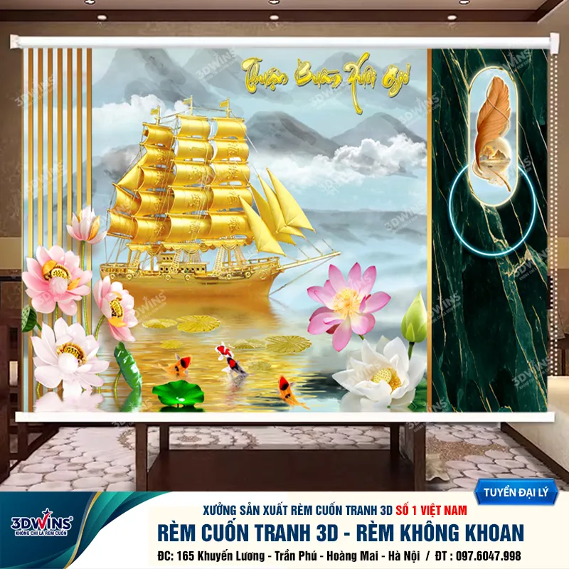 Rèm cuốn không khoan cho quán dưỡng sinh in ấn và thiết kế theo yêu cầu