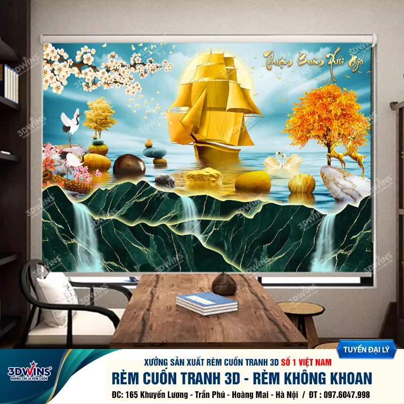 In ấn rèm cuốn không khoan cho quán dưỡng sinh in tranh thuận buồm xuôi gió tượng trưng cho sự may mắn và thành công