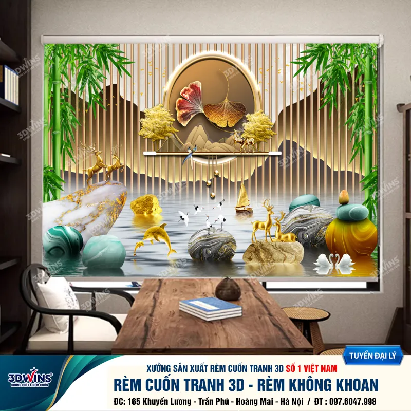 Rèm cuốn không cần khoan in tranh thuận buồm cho quán dưỡng sinh đẹp tạ xưởng rèm 3DWins