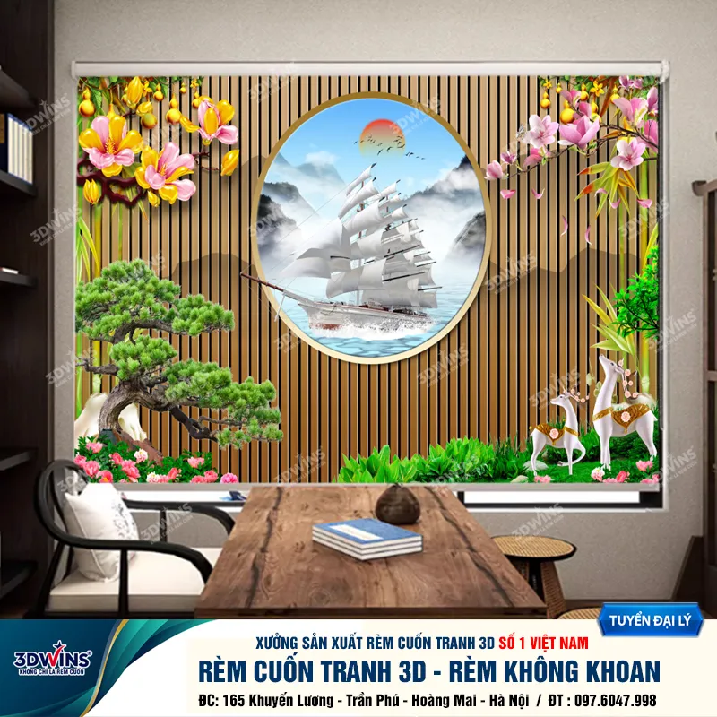 Rèm cuốn in tranh con thuyền trên biển thể hiện sự bình yên êm ả cho quán dưỡng sinh
