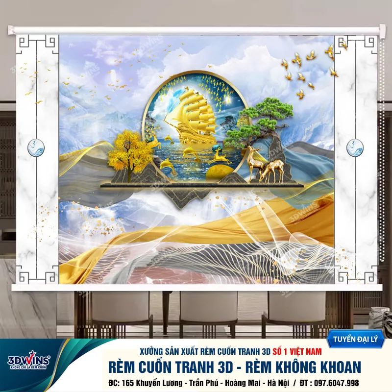 Rèm cuốn không jhoan co quán dưỡng sinh in tranh hươu tài lộc sang trọng