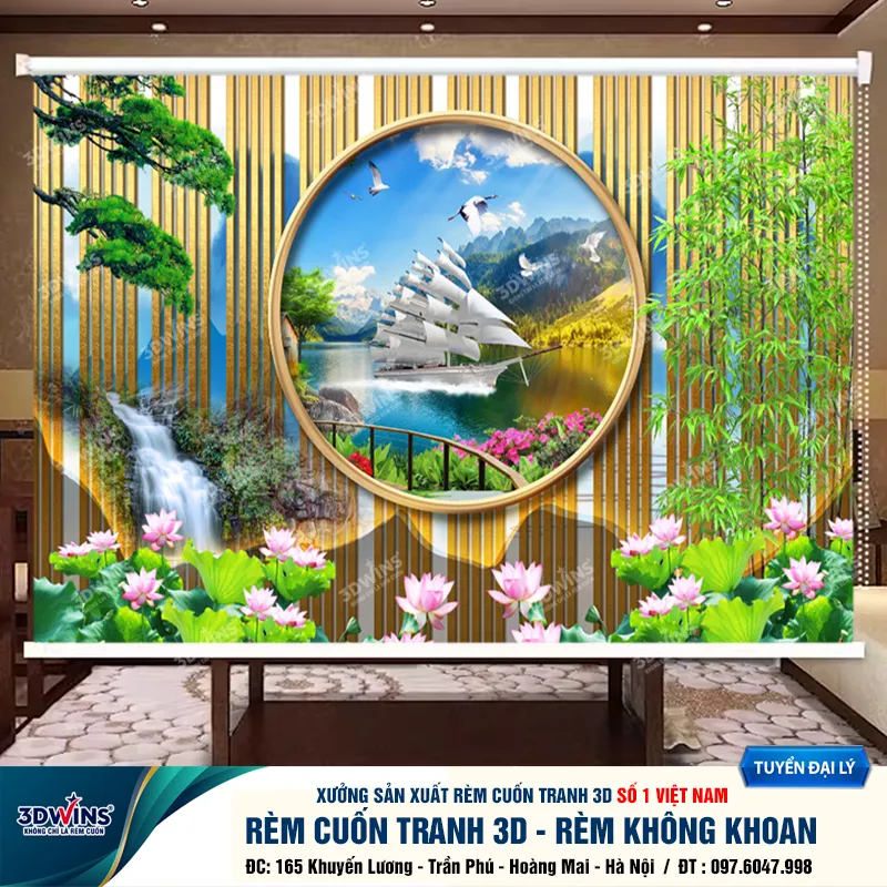 Rèm cuốn không khoan in tranh con thuyền và hoa sen tại xưởng rèm 3DWins