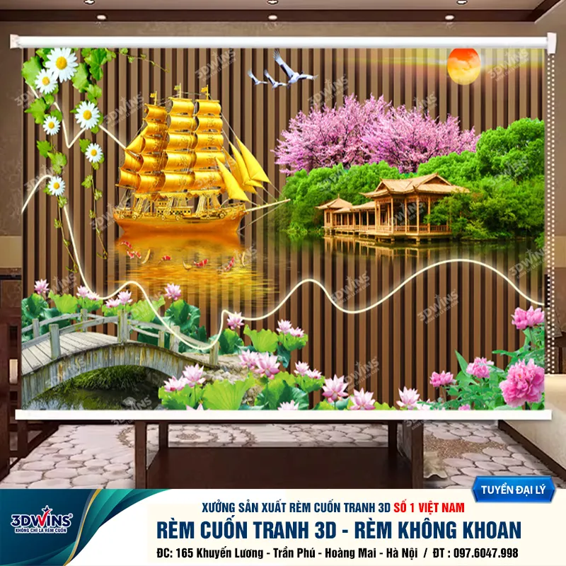 Rèm cuốn in tranh thuận buồm xuôi gió cho quán dưỡng sinh tại xưởng rèm 3DWins