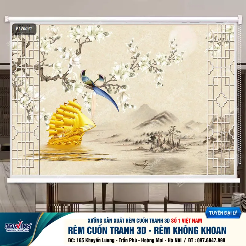 Rèm cuốn tranh indochine không cần khoan cho quán dưỡng sinh, spa, đông y