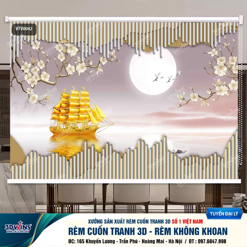 Rèm cuốn không khoan in tranh con thuyền dưới trăng cho quán dưỡng sinh