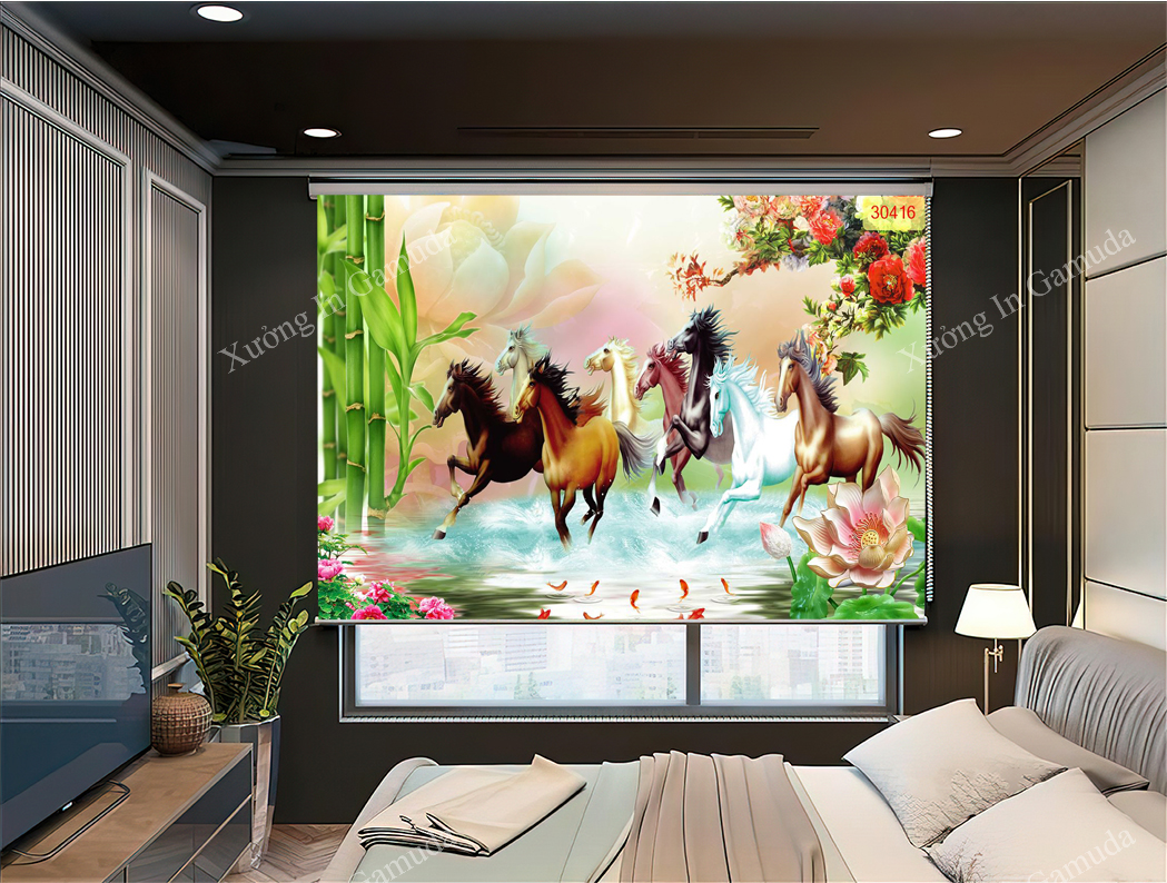 Rèm cuốn tranh 3D 8 chú ngựa biểu tượng của sự tài lộc và thành công