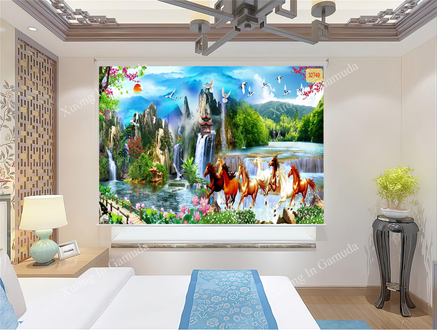 Rèm cuốn tranh mã đáo in hình 8 chú ngựa chạy về phía trước