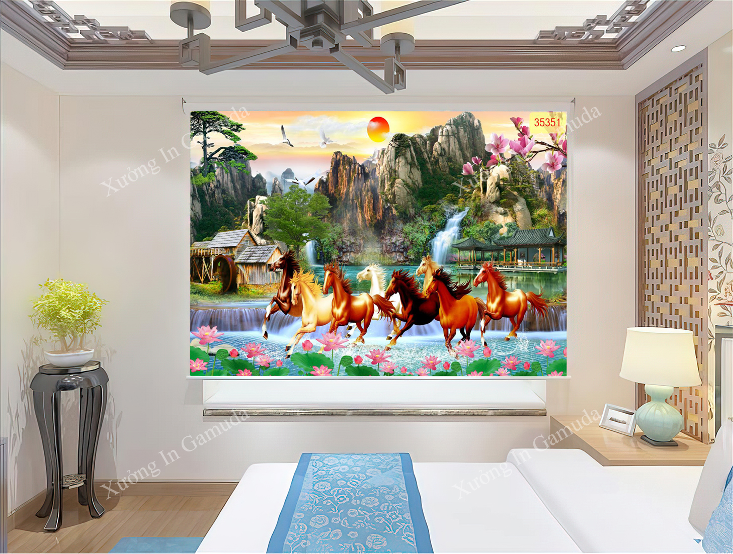 Rèm Cuốn 3D  In Hình Một Đàn Ngũa Đang Xông Về Phía Trước Tượng Trưng Cho Ý Nghĩa Tốc Chiến Tốc Thắng