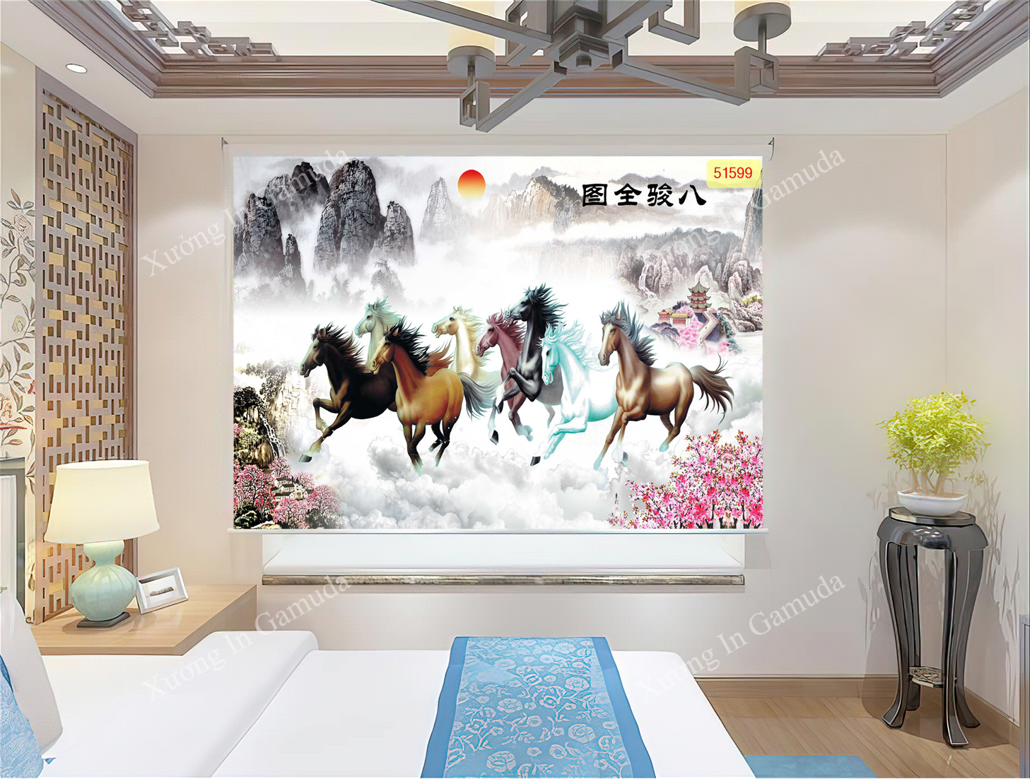 Rèm Cuốn 3D  In Hình 8 Con Ngựa Theo Quan Niệm Xưa Sô 8 Là Số May Mắn , Phát Đạt Nên Tám Con Ngựa Sẽ Tượng Trưng Cho Sao Bát Bạch Mang Nhiều Vận Khí