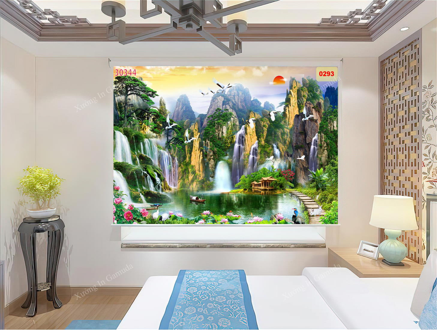 Rèm Tranh 3D In Họa Tiết Sơn Thủy Biểu Tượng Cho Non Nước Hữu Tình