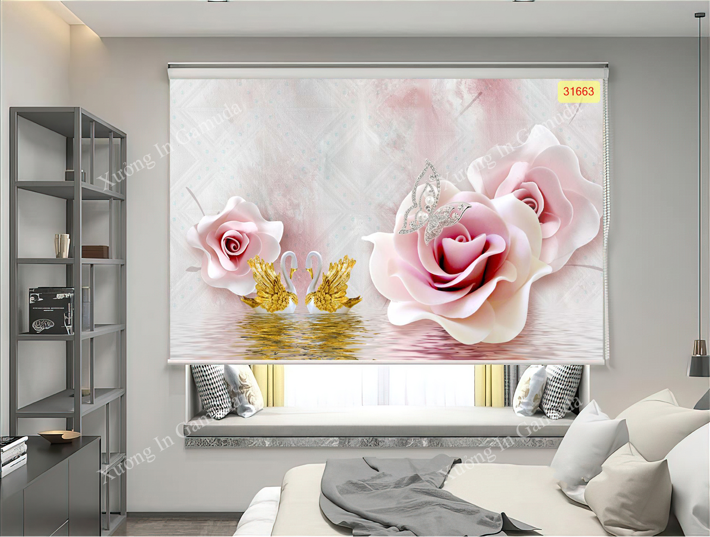 Rèm Cuốn In Tranh 3D In Hình Đôi Thiên Nga Kết Hợp Với Hoa Hồng 