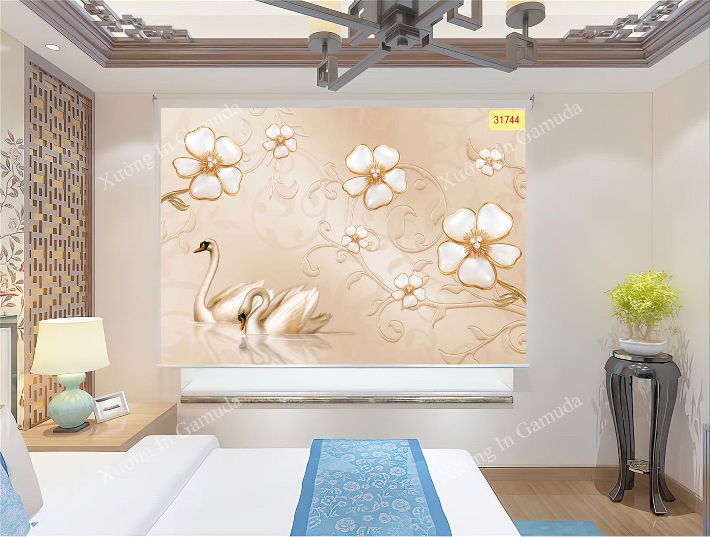 Rèm Cuốn Tranh 3D In Hình Thiên Nga Màu Trắng Sang Trọng