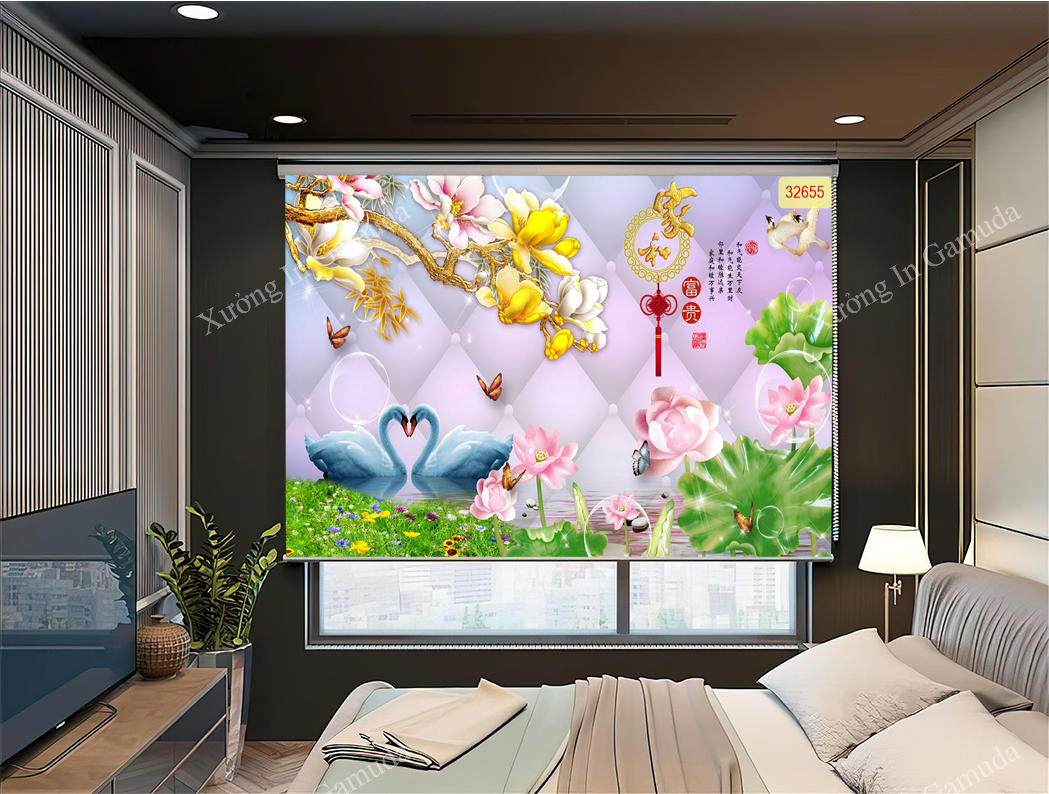 Rèm Cuốn In Tranh 3D In Hình Đôi Thiên Nga Biểu Tượng Cho Tình Yêu Hạnh Phúc,Viên Mãn