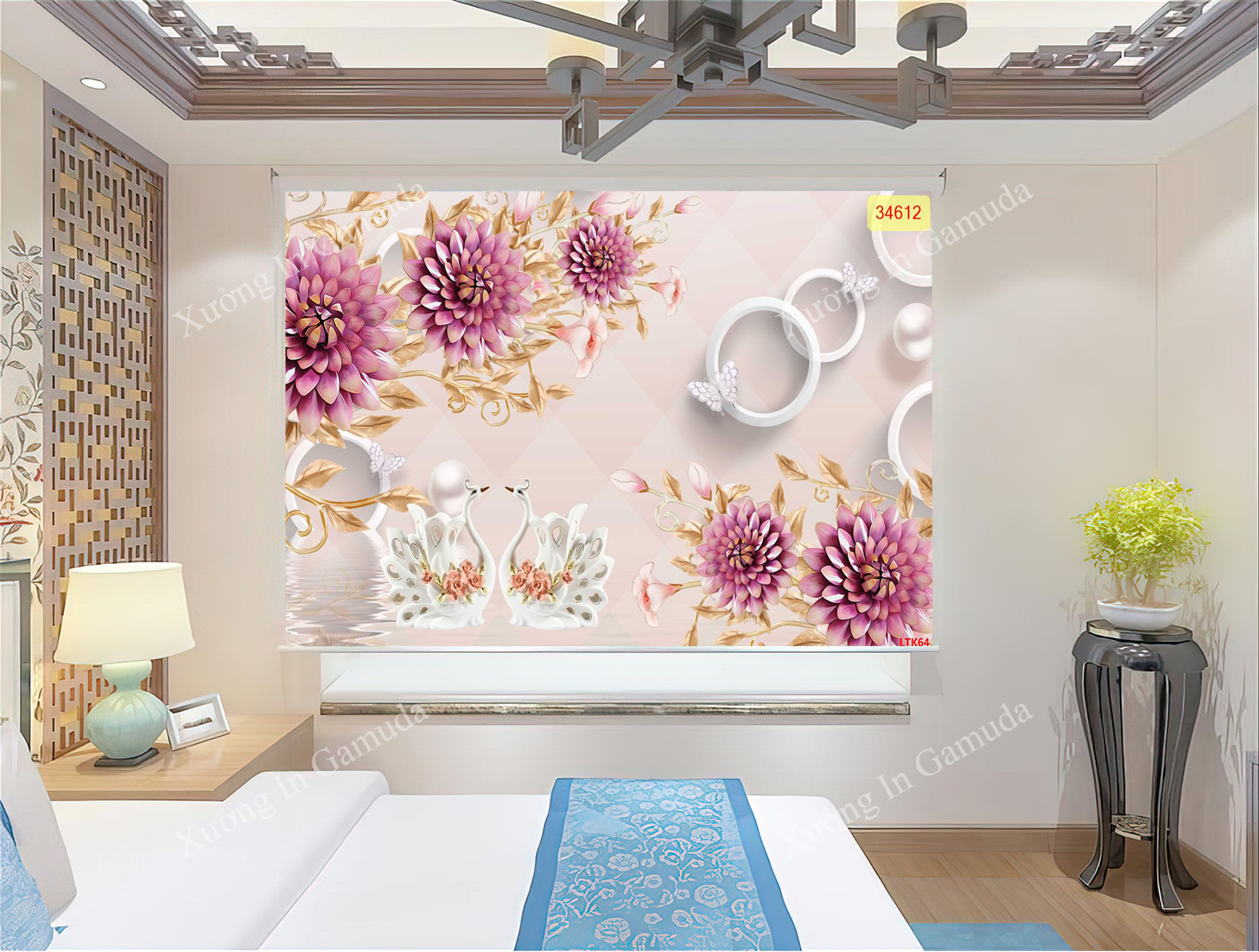 Rèm Cuốn Tranh 3D In Hình Thiên Nga Biểu Tượng Của Tình Yêu