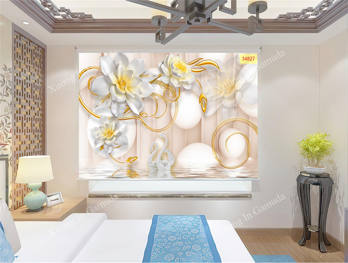 Rèm Cuốn Tranh 3D In Hình Đôi Thiên Nga Màu Trắng Thuần Khiết