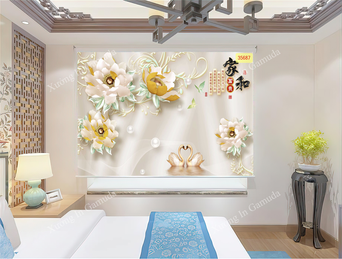 Rèm Cuốn In Hình Đôi Thiên Nga Trên Nền Đá Kết Hợp Với Hoa 3D 