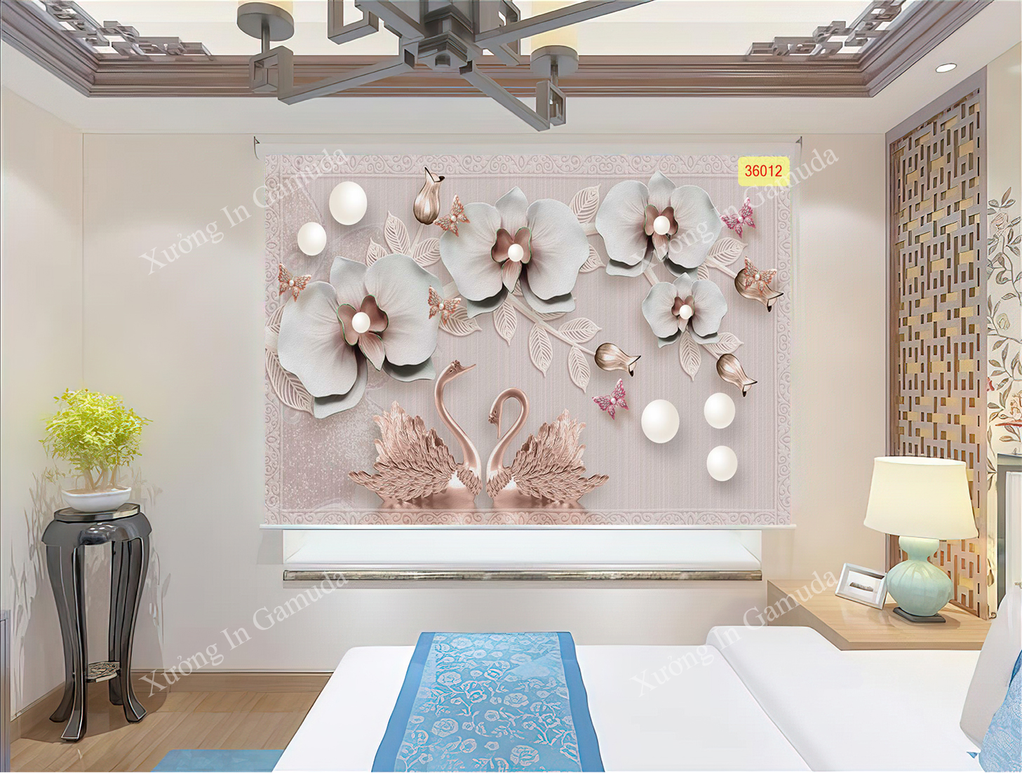 Rèm Cuốn Tranh 3D Hình Đôi Thiên Nga Lấp Lánh 