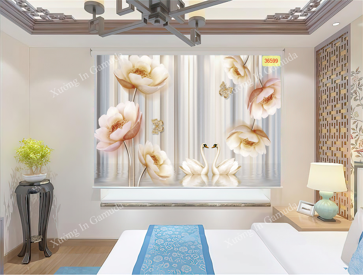 Rèm Cuốn In Tranh 3D In Hình Đôi Thiên Nga Biểu Tượng Cho Hạnh Phúc Viên Mãn