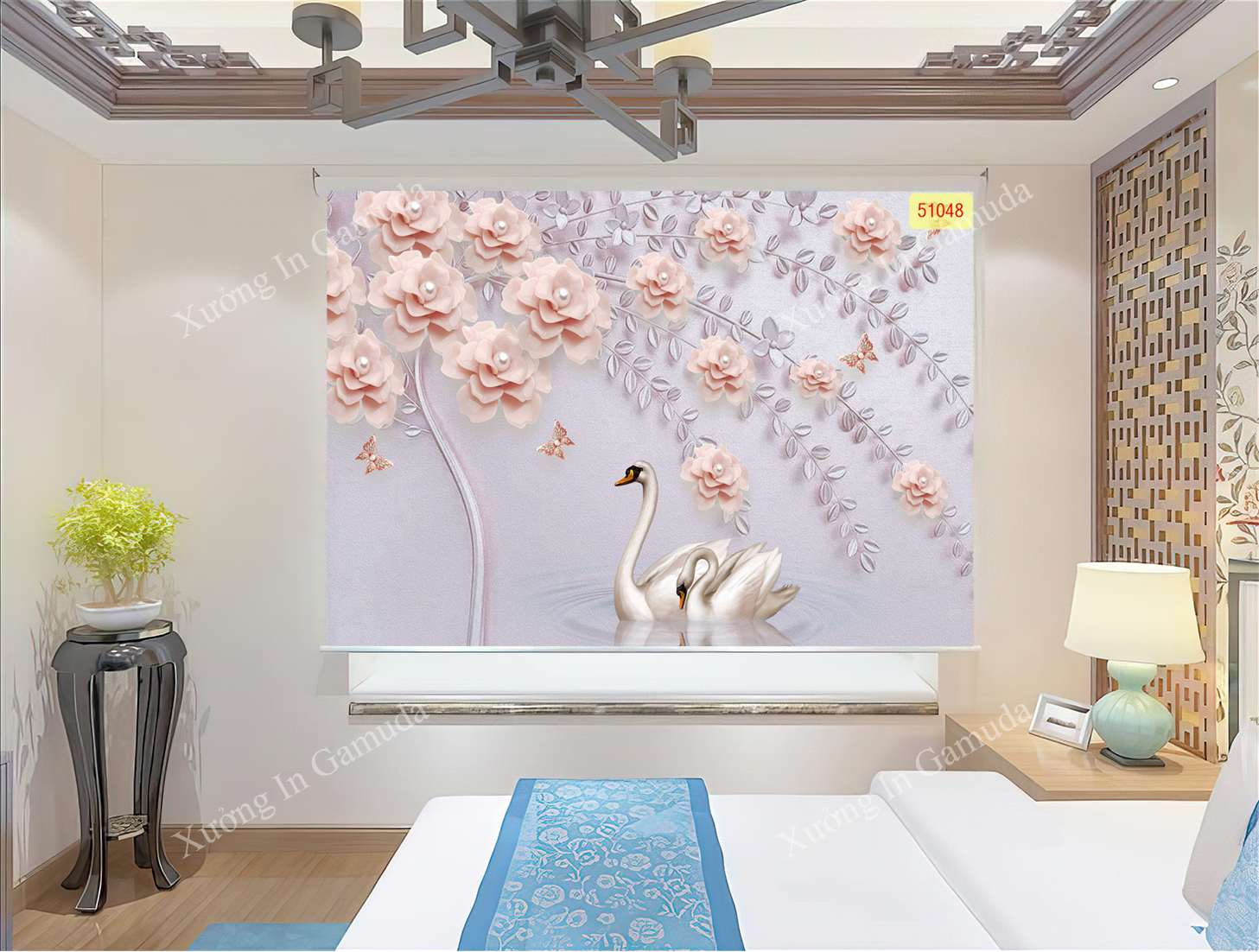 Rèm Cuốn Tranh 3D In Hình Đôi Thiên Nga Tinh Tế Sang Trọng Không Gian Chiều Sâu Cho Phòng Ngủ