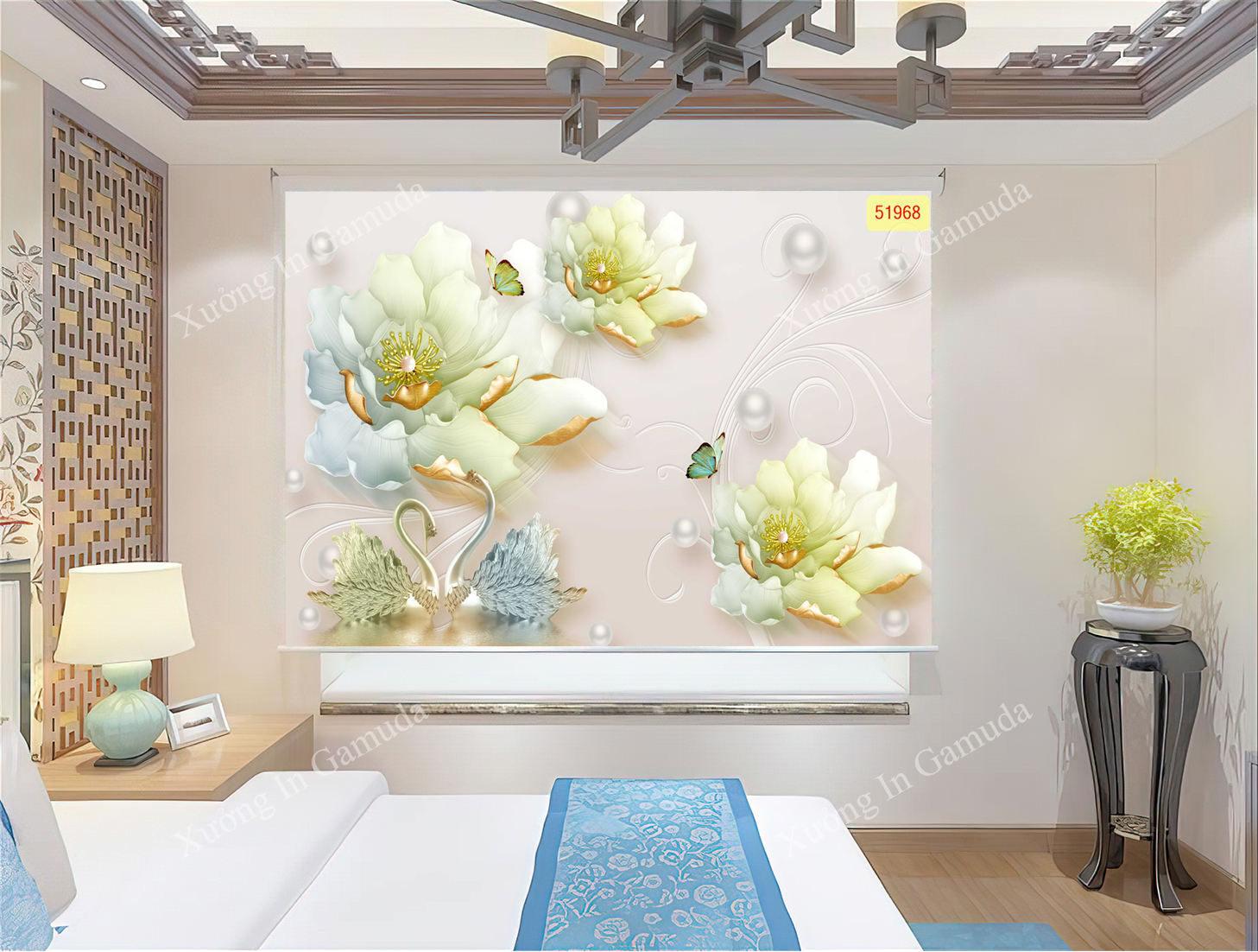 Rèm Cuốn In Tranh 3D In Hình Đôi Thiên Nga Họa Tiết Hiện Đại