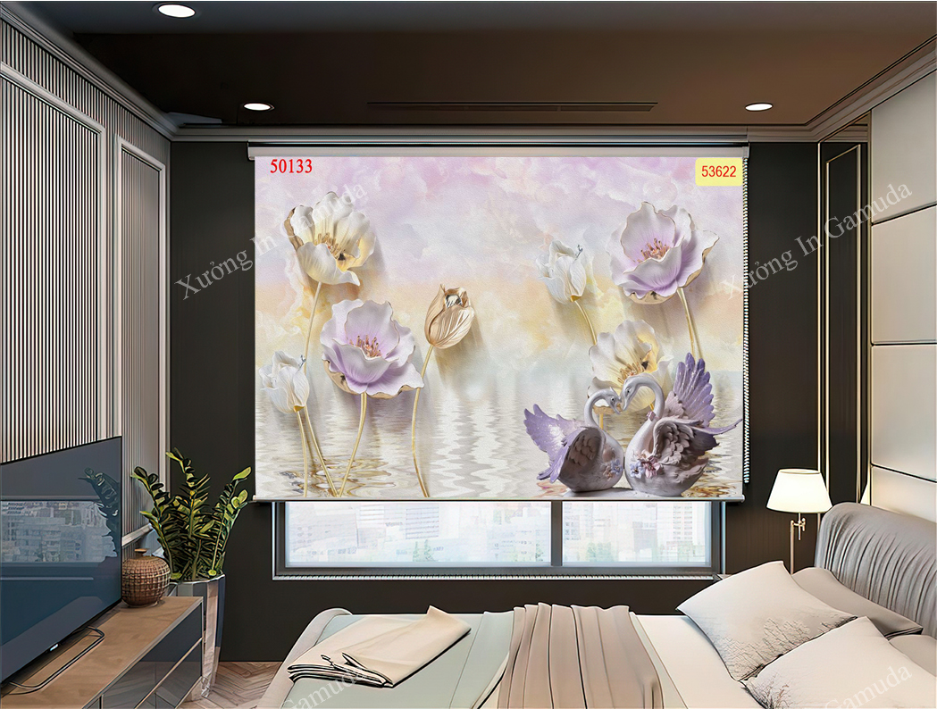 Rèm Cuốn Tranh 3D In Hình Đôi Thiên Nga Biểu Tượng Cho Tình Yêu Vĩnh Cửu 