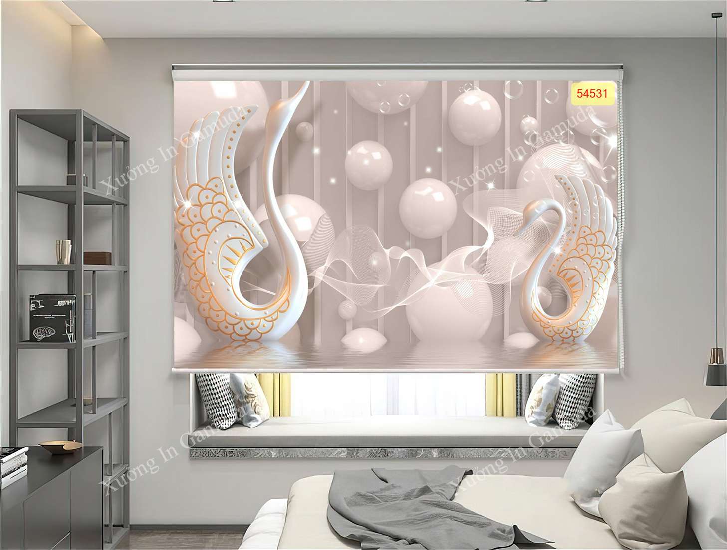 Rèm Cuốn Tranh 3D In hình Thiên Nga Sang Trọng dành cho Phòng Khách 