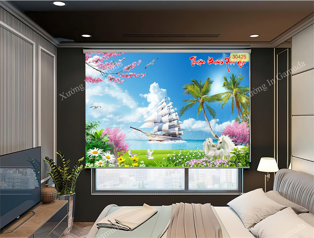 Rèm Cuốn Tranh In Họa Tiết Thuyền Và Thiên Nhiên Tuyệt Đẹp Của Đất Trời Trên Gam Màu Xanh Tươi Đẹp
