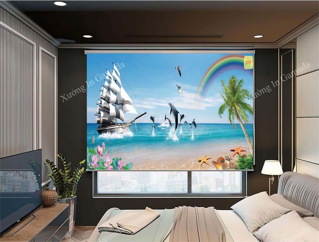 Rèm Cuốn Tranh 3D In Họa Tiết Thuyền Ra Khơi Cùng Cá Heo