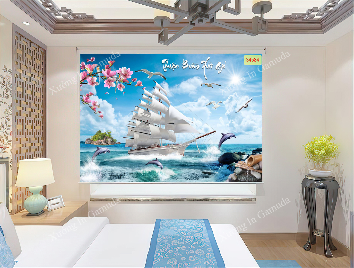 Rèm Cuốn Tranh In 3D Họa Tiết Con Thuyền Cùng Đàn Hải Âu Trên Bầu Trời Xanh