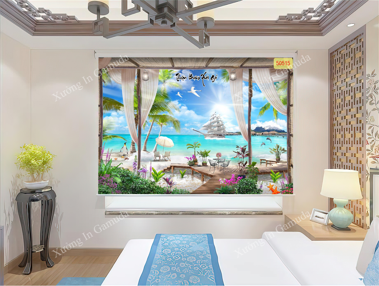 Rèm Cuốn Tranh 3D In Họa Tiết Cánh Buồm Xuôi Gió Cùng Cỏ Cây Và Hoa Lá