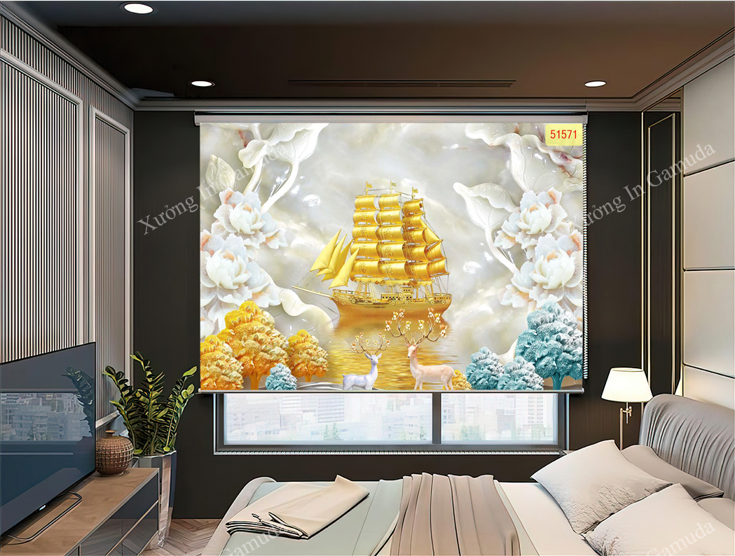 Rèm Cuốn Tranh In Họa Tiết 3D Thuyền Ra Khơi Biểu Tượng Cho Tài Lộc Và May Mắn – Rèm Cản Sáng Cản Nhiệt Xưởng Rèm Gamuda