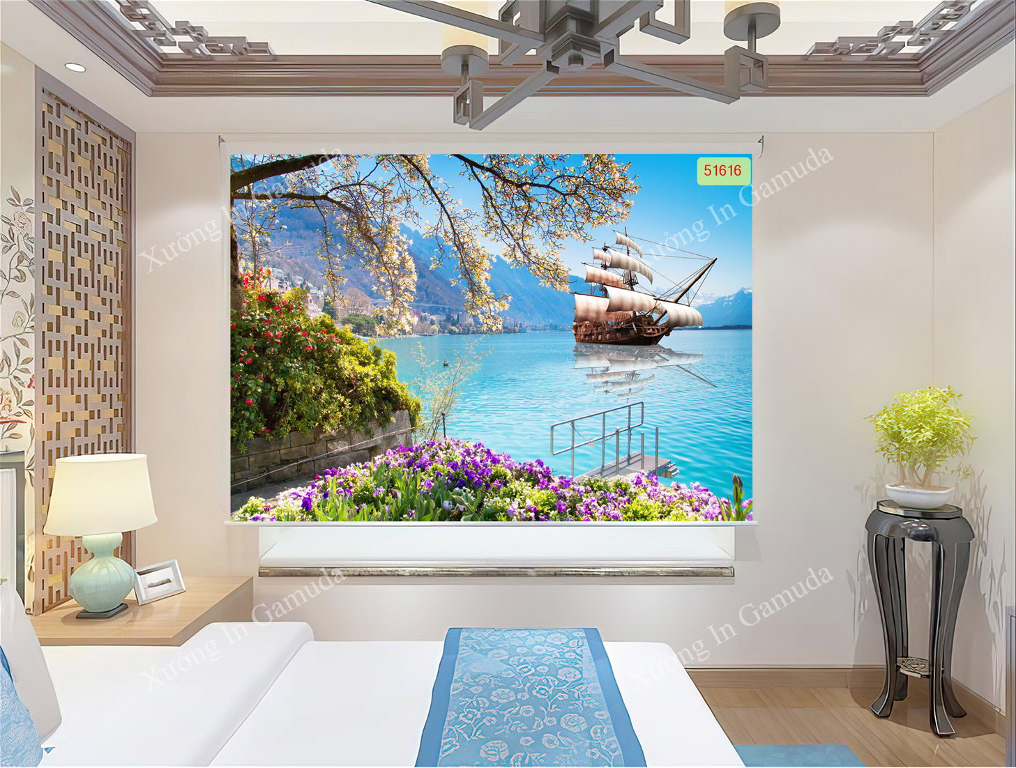 Rèm Cuốn Tranh In Họa Tiết Con Thuyền Và Núi Sông Kì Vĩ