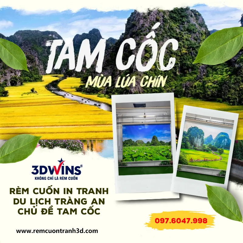 Rèm cuốn in tranh 3D chủ đề Tam Cốc Bích Động Tràn An
